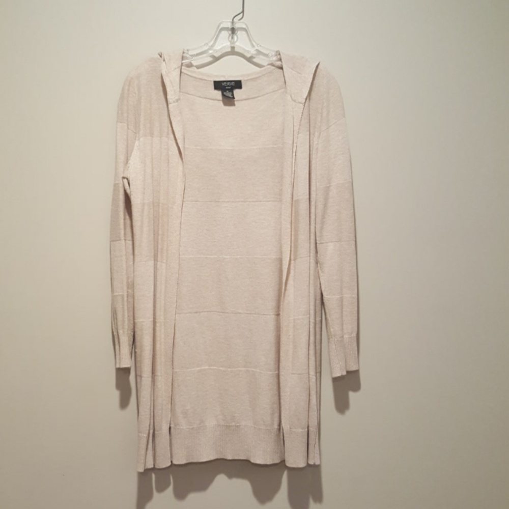 Neutral tan open front hooded cardigan